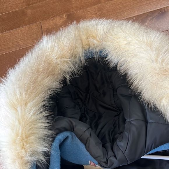 Vintage James Bay Fur Trim Hood Dog Sled Theme Wool Coat Blue Parks - Picture 13 of 14